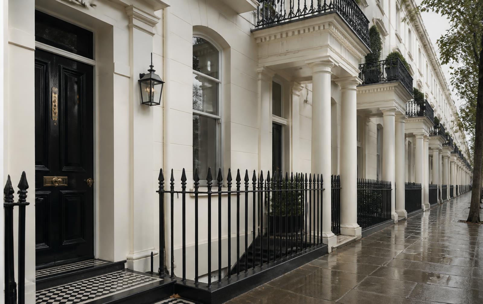 Elegant London Georgian terraced houses with black front doors and iron railings