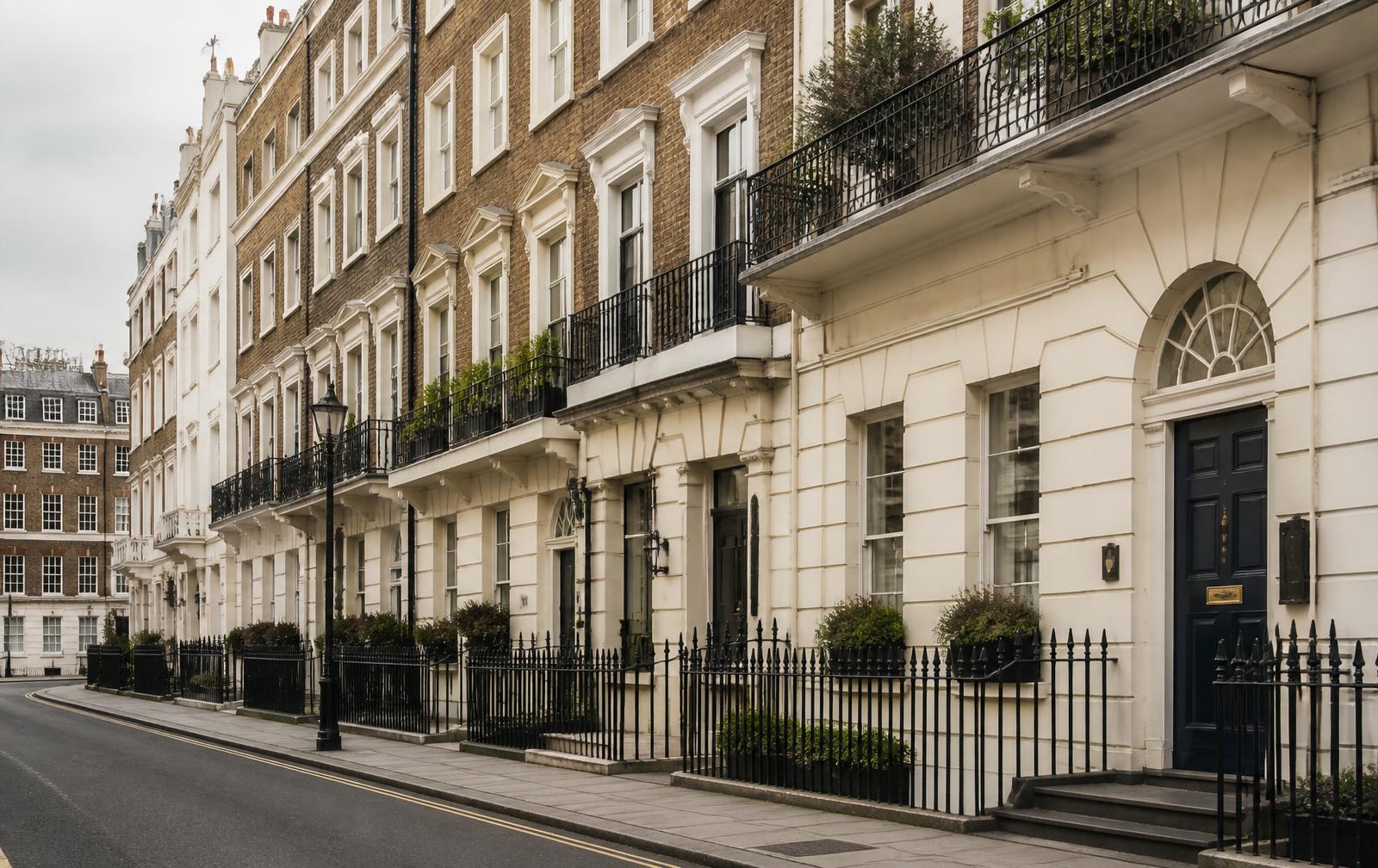 An elegant London street of Georgian stucco and brick townhouses with black iron railings